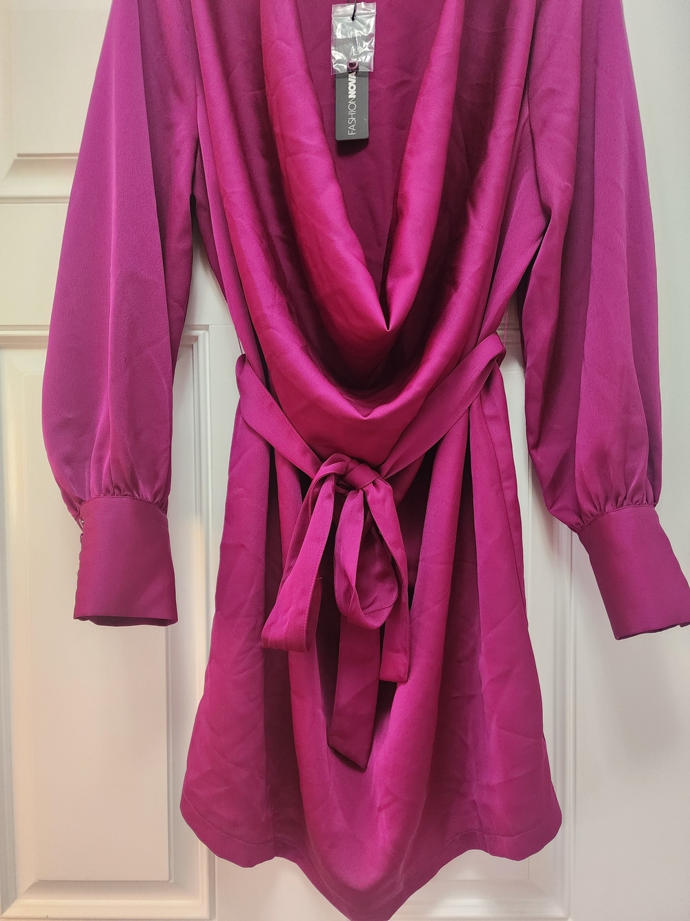 Fashion Nova Magenta Satin Mini Dress with Tie Waist